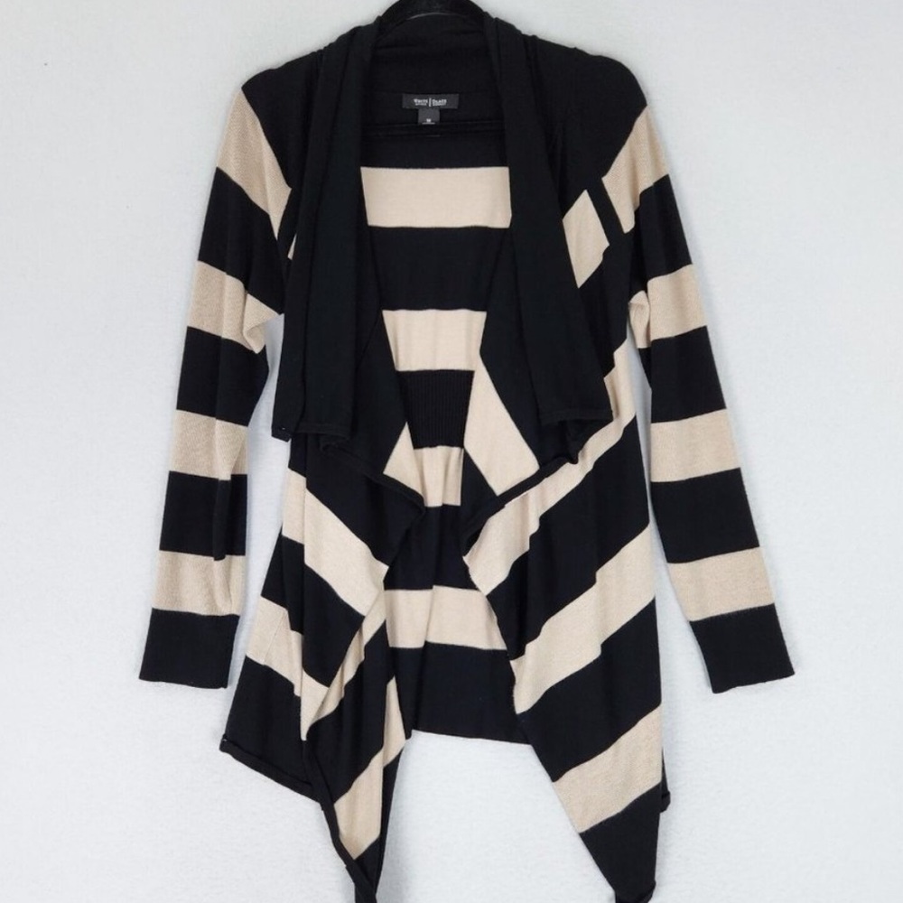 White House Black Market SILK BLEND Tan And Black Striped Open Cardigan Sweater
